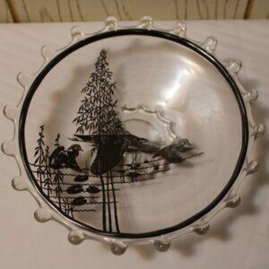 Glass Bowl with Etching of Ducks/Stork/Lilypads - Vintage